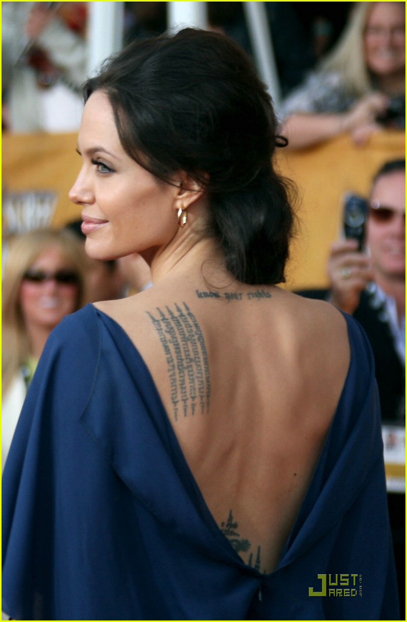 angelina jolie backless dress Angelina Jolie's Gigantic Back Tattoos Seen as Star Wears Backless Dress:  Photos