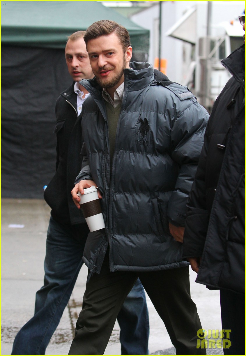 Justin Timberlake: Puffer Coat on 'Llewyn' Set