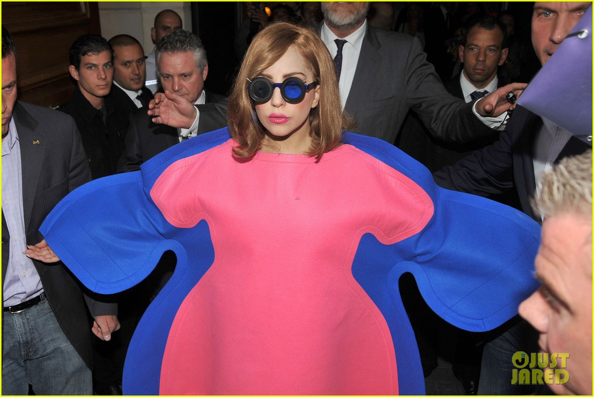 Lady Gaga: Oversized Pink & Blue Dress in France! | Just Jared