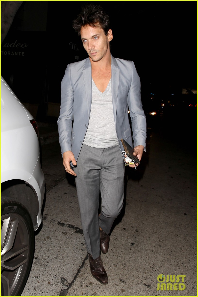 Jonathan Rhys Meyers Wears a Deep V-Neck T-Shirt to Dinner with Friends