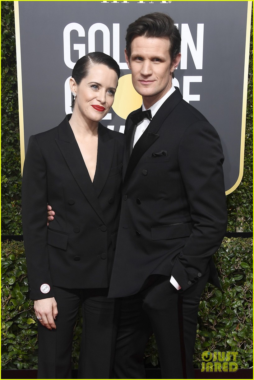 Claire Foy Rocks Black Pantsuit at Golden Globes 2018 with Matt Smith