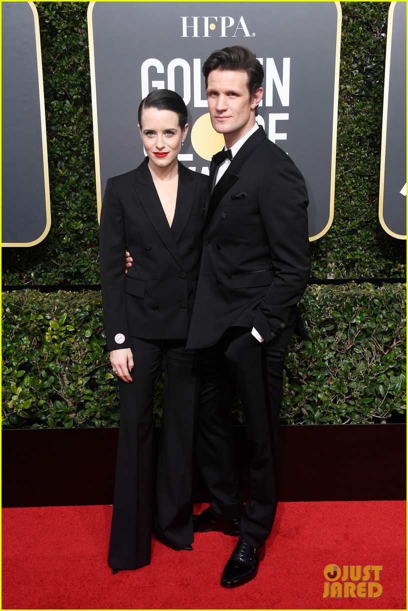 Claire Foy Rocks Black Pantsuit at Golden Globes 2018 with Matt Smith