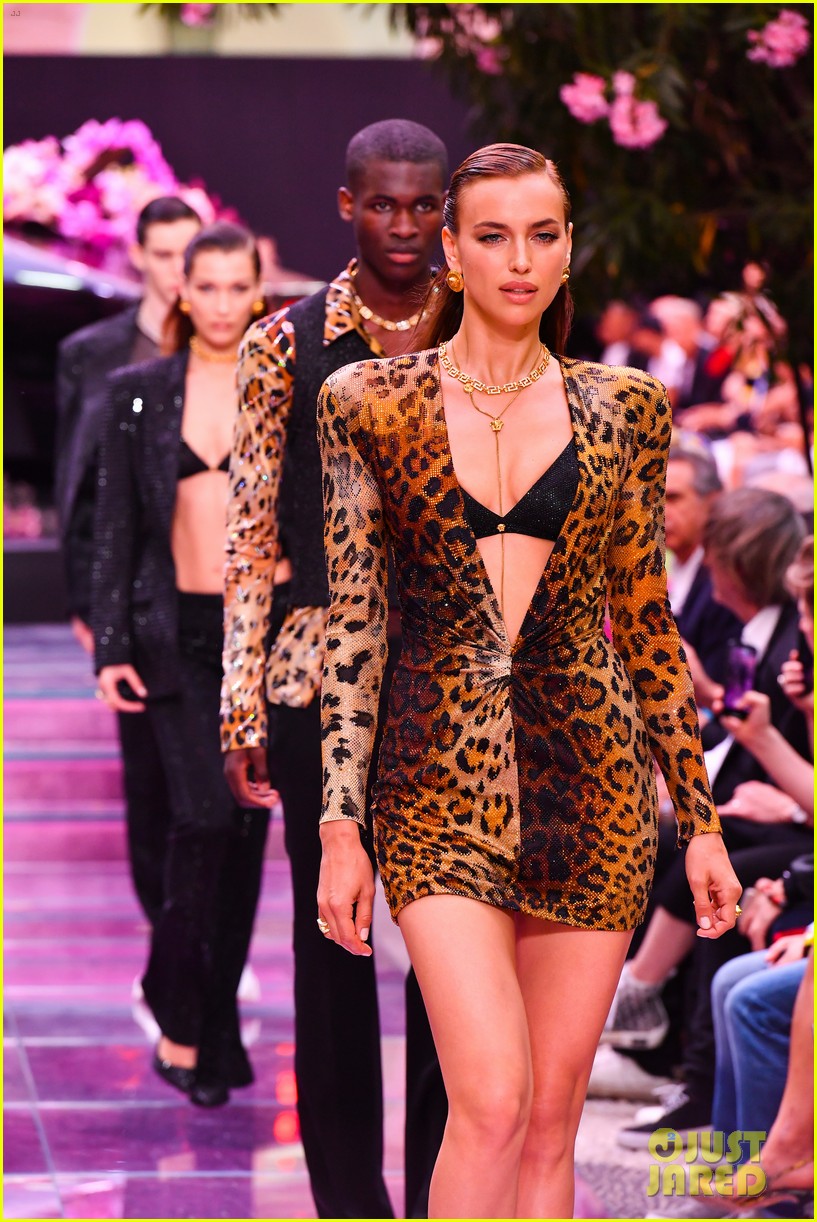 Irina Shayk Stuns in Versace's Milan Show Next To Bella & Gigi Hadid