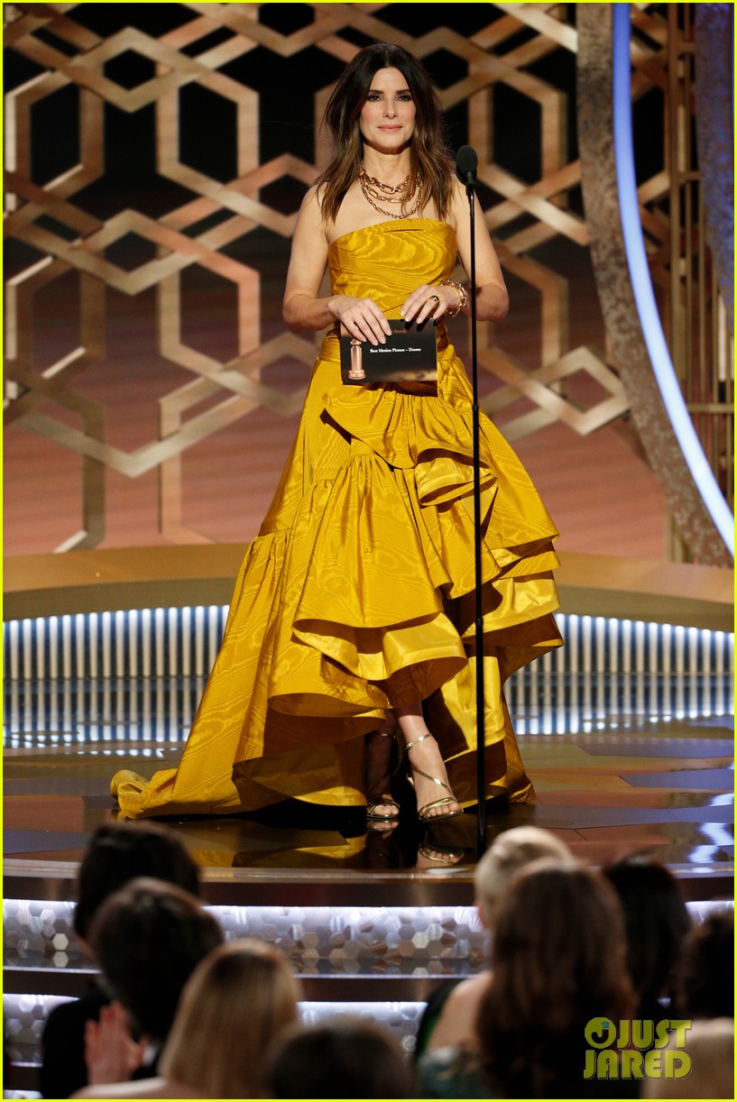 sandra bullock gold dress Gives Off Belle Vibes at Golden Globes 2020 | Just Jared quince dresses