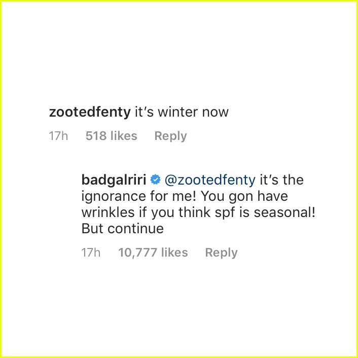 Rihanna's Instagram Comment Goes Viral After Fan Takes Issue with Her SPF Use in 'Winter'