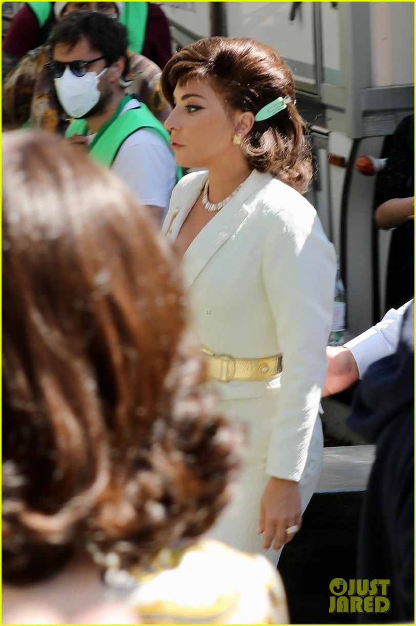 lady gaga house of gucci white dress Looks Fierce In While Arriving on 'House Gucci' Set | Just Jared lrg