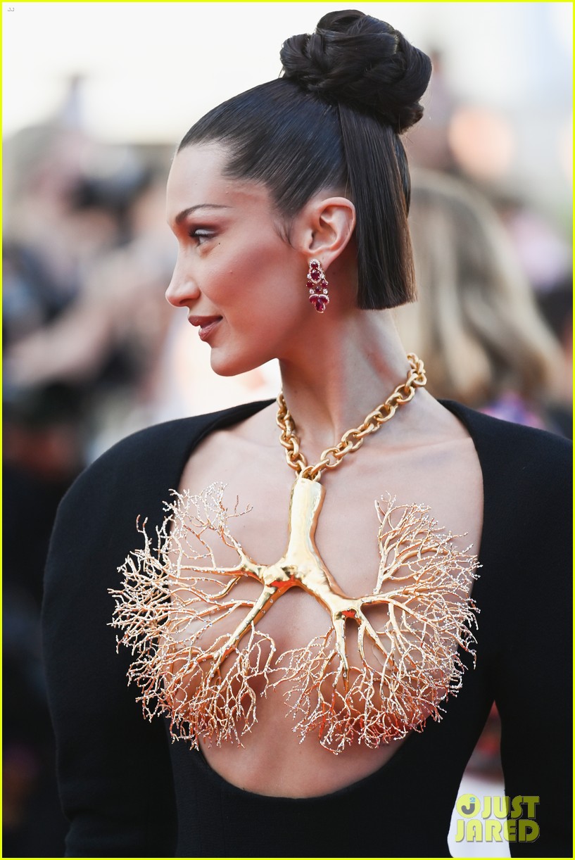 bella hadid gold lung dress Stuns With Incredible Gold-Dipped Lungs Look at Cannes Film Festival 2021 | Just Jared red-carpet