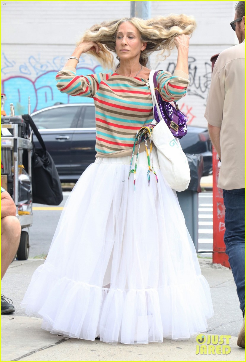 sarah jessica parker knit dress Pairs Striped Shirt with White While Filming 'And Just Like That' | Just Jared Nichii 20to70 Sep2023 R
