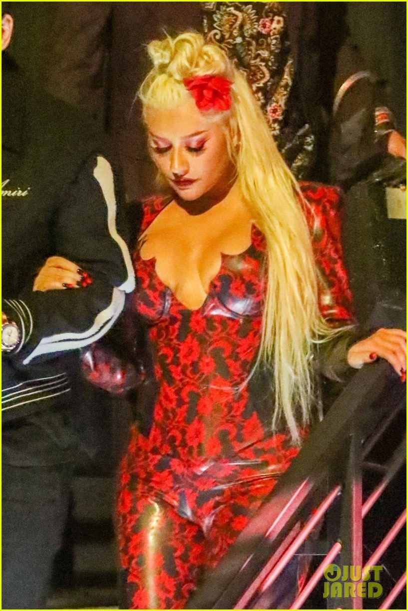Christina Aguilera Sports a Red Latex Body Suit on a Night Out with Fiance Matthew Rutler | Just Jared