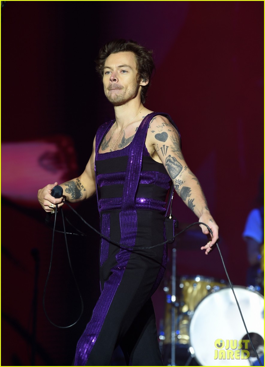 harry styles purple dress Blue Gucci dress of Harry Styles