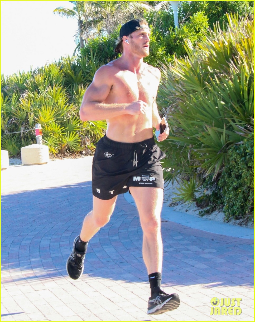 Logan Paul Goes Shirtless During Miami Beach Run with Girlfriend Nina Agdal