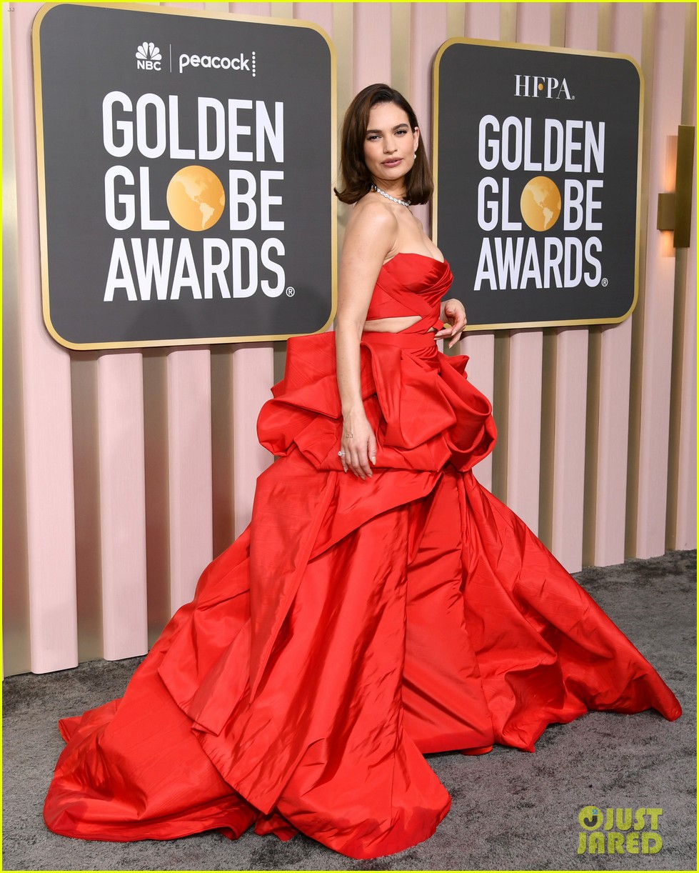 lily james golden globes dress Lily James' Red Carpet Style Has Come a Long Way Since Her Days as Cinderella