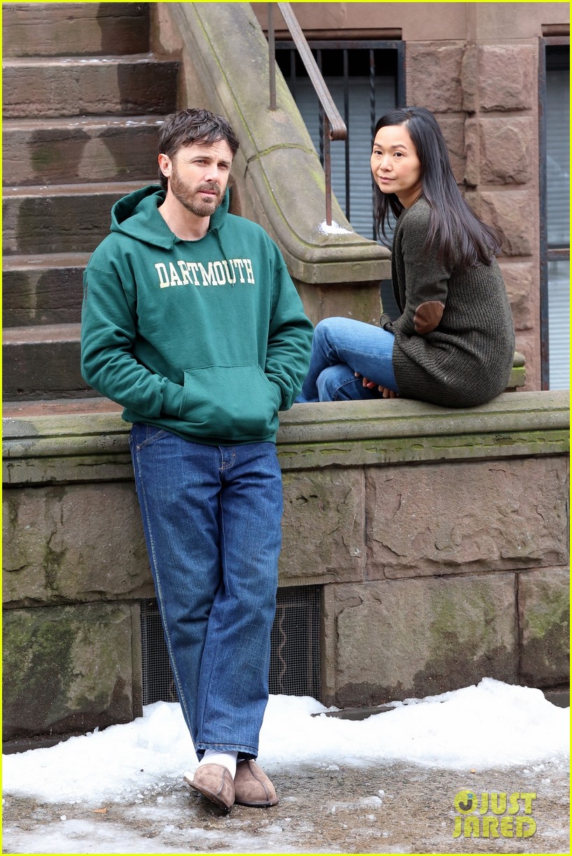 Casey Affleck & Hong Chau Enjoy a Moment Together While Filming 'The Instigators' With Matt Damon in Brooklyn