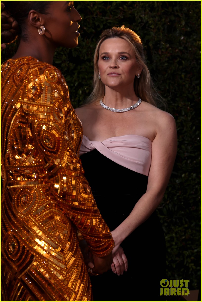jennifer aniston golden globes gold dress & Reese Witherspoon (With Her Son Deacon) Represent 'Morning Show' at 2024 | Just Jared jennifer aniston cocktail dress