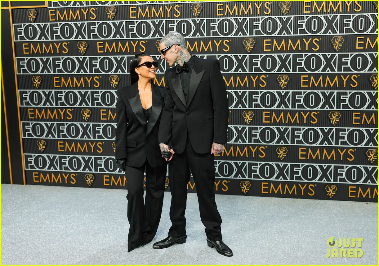 Kourtney Kardashian Joins Travis Barker In Matching Black Suits at Emmy Awards 2023 | Just Jared