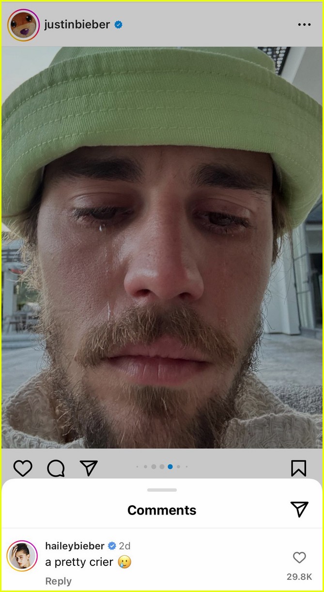 Hailey Bieber Responds to Justin Bieber's Crying Photos with a Comment on His Instagram