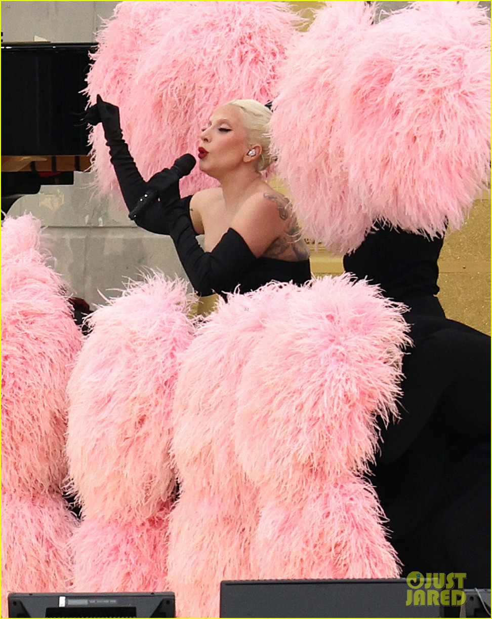 lady gaga pink feather dress Wears Black Outfit & Headpiece While Rehearsing for Paris Olympics 2024 Opening Ceremony! | Just Jared YCRF_suitpants