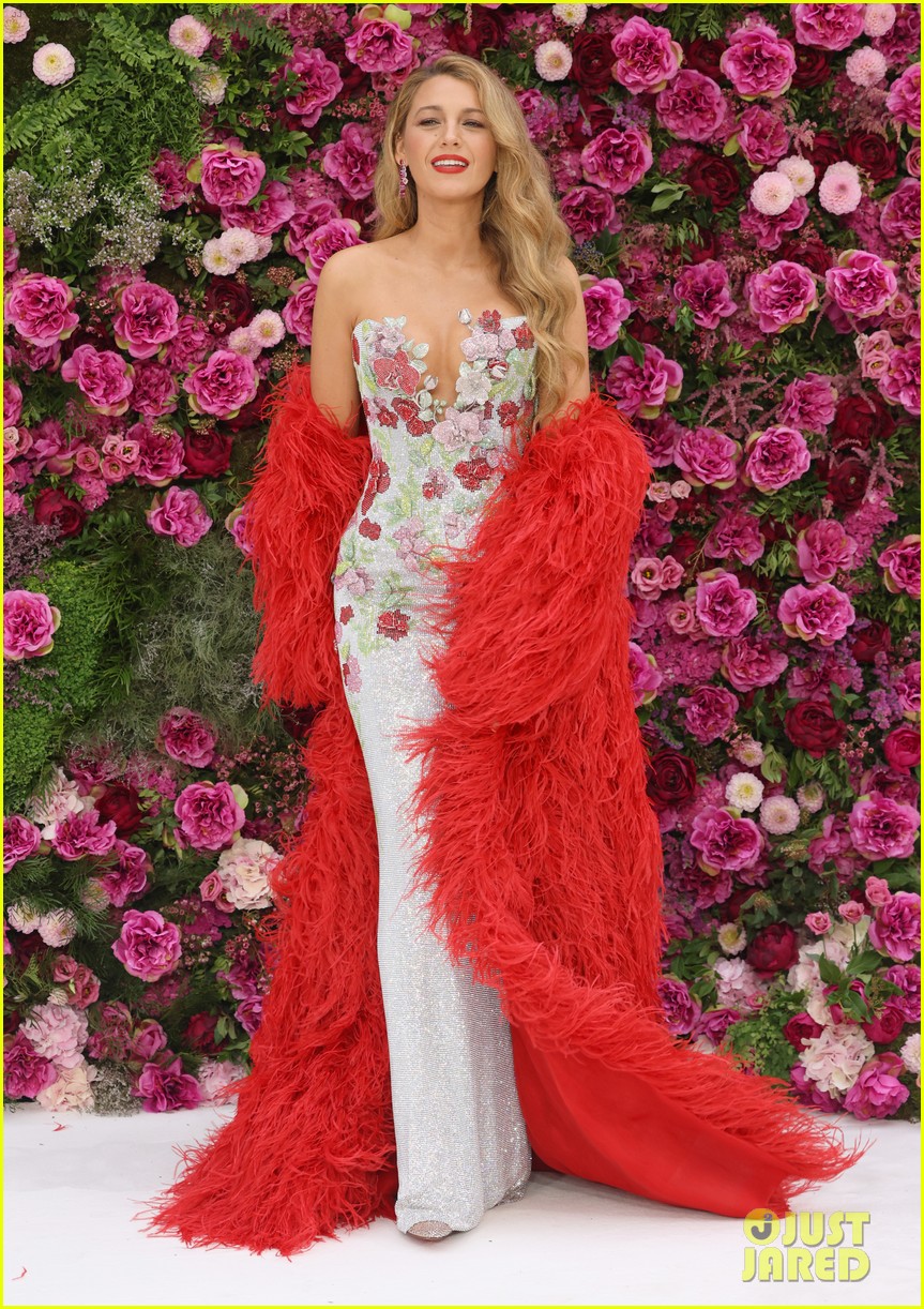 blake lively red carpet dress it ends with us Blake Lively Brings Flower Power and Feathers to London 'It Ends with Us' Red Carpet