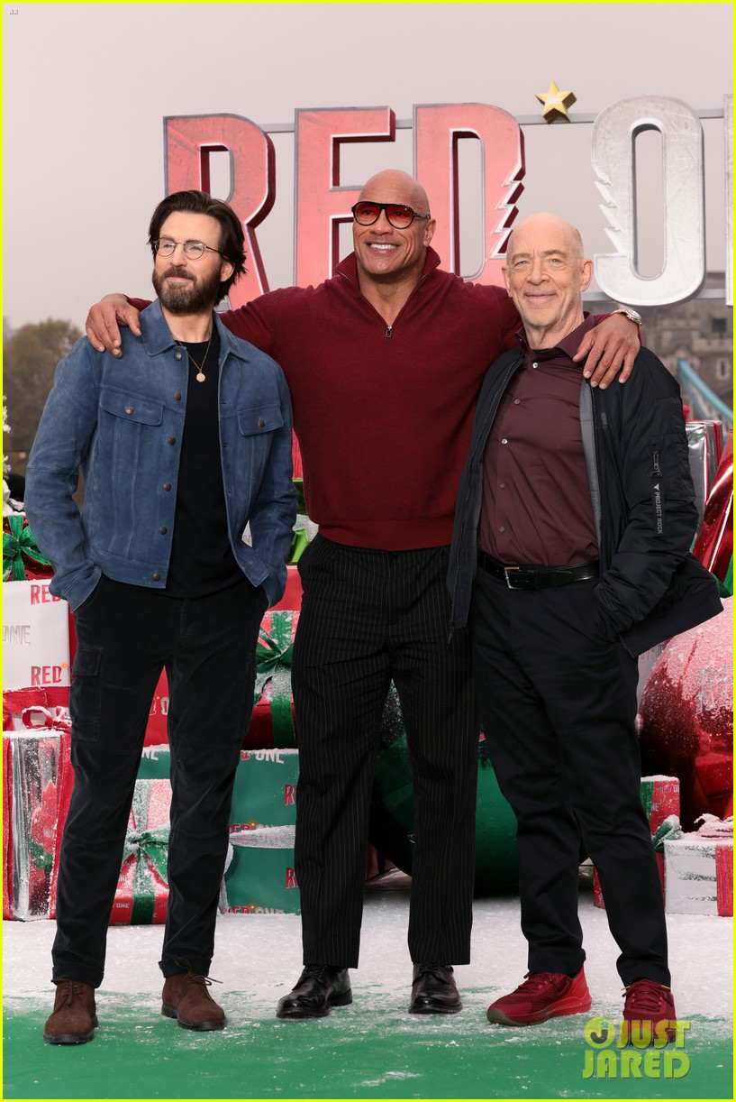Chris Evans Is Nearly Unrecognizable with Scruffy Beard at 'Red One' London Photo Call with Dwayne Johnson & More
