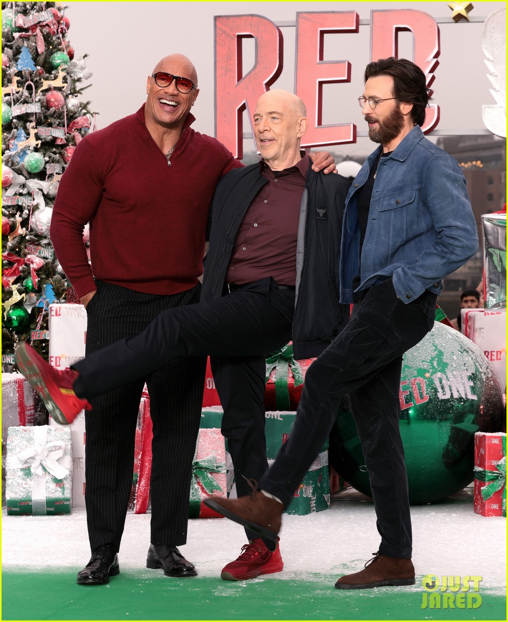 Chris Evans Is Nearly Unrecognizable with Scruffy Beard at 'Red One' London Photo Call with Dwayne Johnson & More