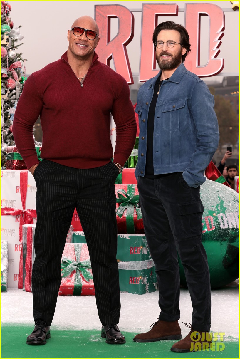 Chris Evans Is Nearly Unrecognizable with Scruffy Beard at 'Red One' London Photo Call with Dwayne Johnson & More
