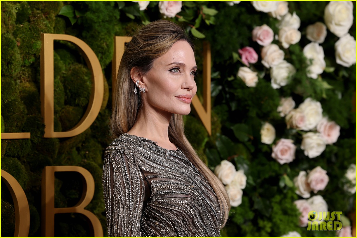angelina jolie dress golden globes 2025 Angelina Jolie Makes Her Triumphant Return to the 2025 Golden Globes in a Crystallized Sheer Naked Gown