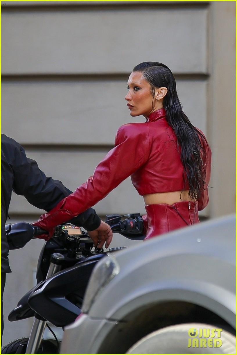 bella hadid red leather dress Wears Outfit, Rides Motorcycle on 'The Beauty' Set in Paris | Just Jared MESHKI PR Core