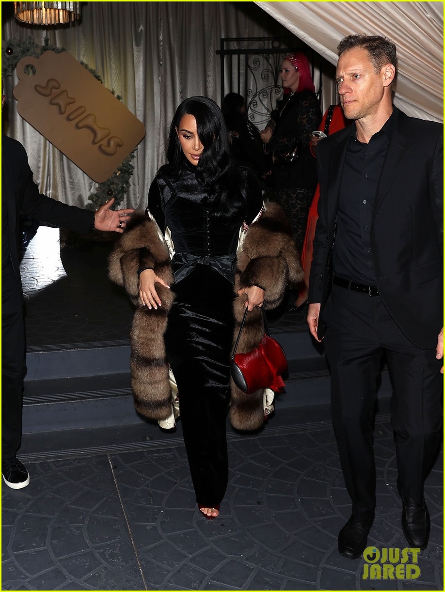 skims holiday dress Kim Kardashian Pairs Velvet with Fur Coat for Party! | Just Jared light blue homecoming dresses