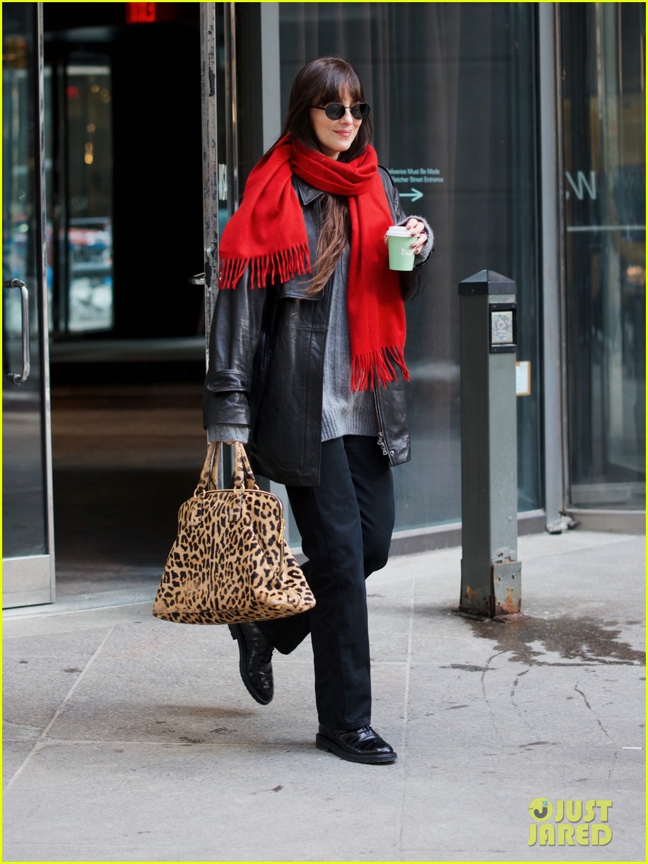Dakota Johnson Pairs Red Scarf with Leather Jacket for Coffee Run in NYC
