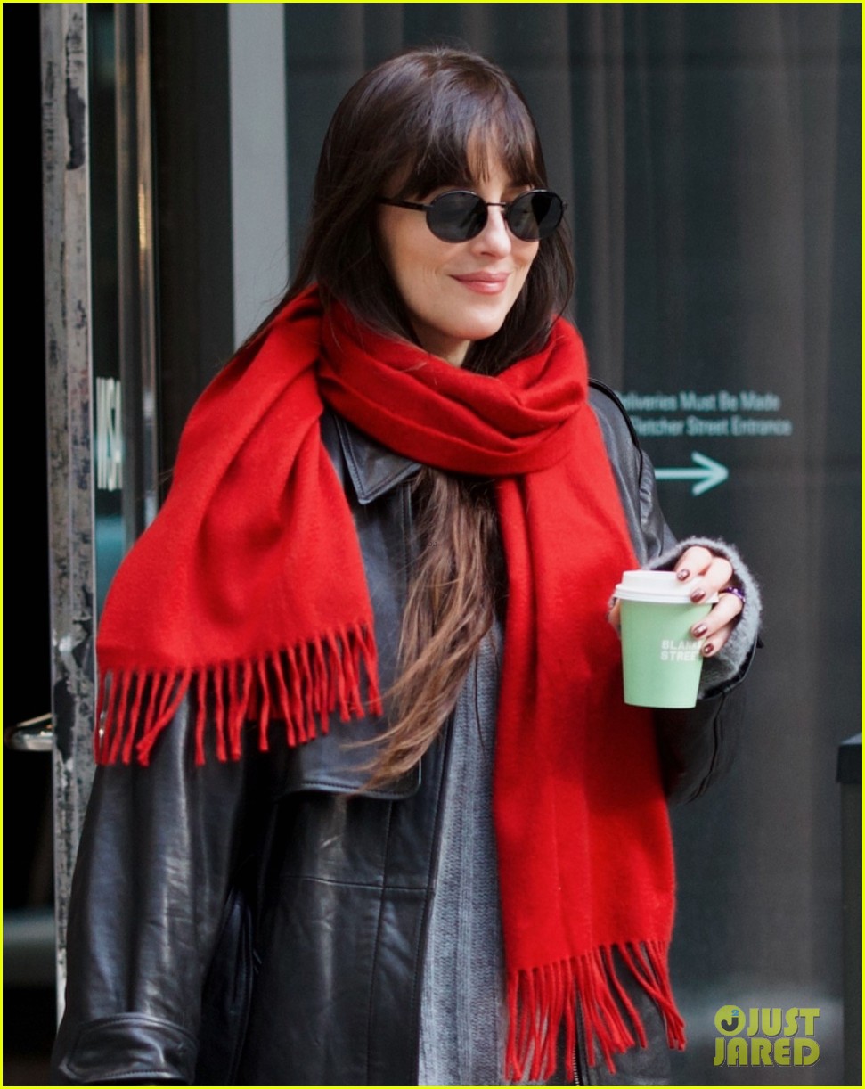 Dakota Johnson Pairs Red Scarf with Leather Jacket for Coffee Run in NYC
